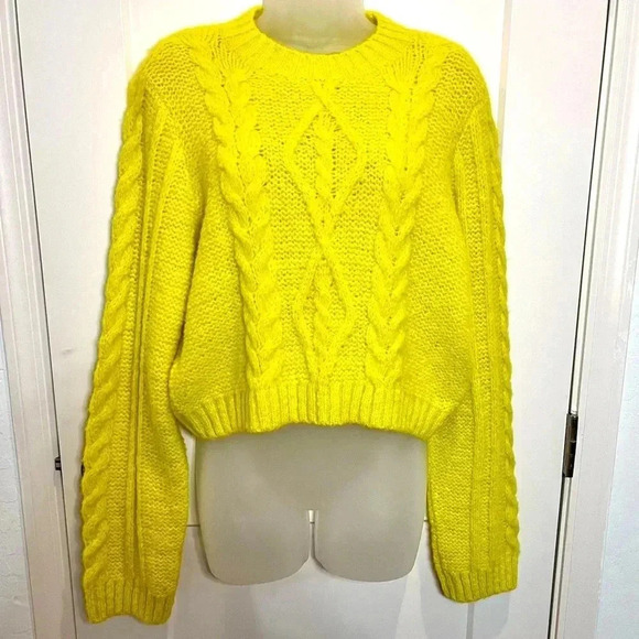 MOTHER Sweaters - Mother The Wide Sleeve Jumper Crop Highlighter Yellow Cable-Knit Sweater XS